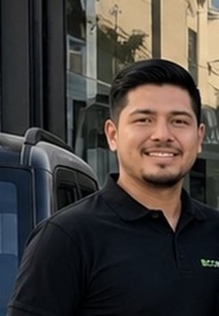 Smiling man in black polo shirt standing outdoors with parked cars and buildings in background