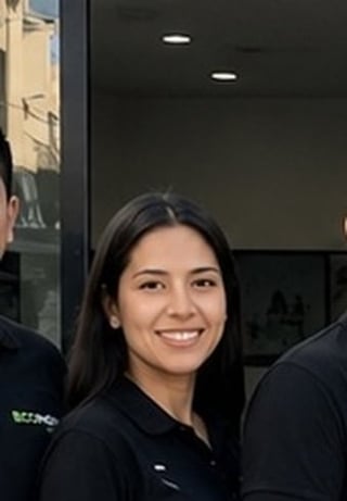 Woman with long dark hair smiling at camera, wearing black shirt in front of modern storefront